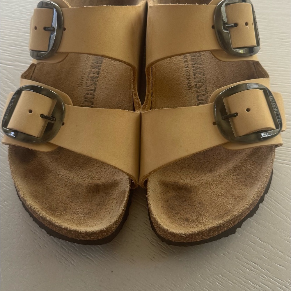 Birkenstock Tan Double Strap Sandals with Silver Buckles
